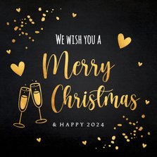 Kerstkaart zwart goudlook typografie champagne hartjes