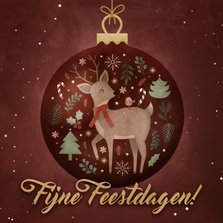 Kerstkaartje met hert in kerstbal en vrolijke illustraties