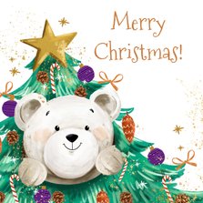 KiKa kerstkaart met beer verkleed als kerstboom