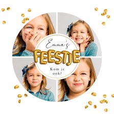 Kinderfeestje gouden confetti uitnodiging fotocollage feest