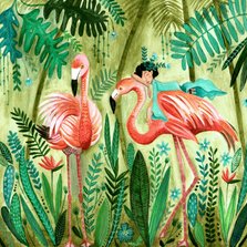 Kinderkaart flamingo meisje in een tropische jungle
