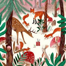 Kinderkaart met dieren in een winter bos