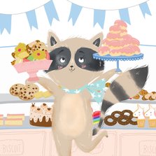 Kinderkaart met een wasbeer met taartjes