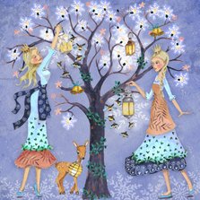 Kinderkaart prinsessen met boom en elfen lichtjes.