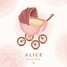 Klassiek geboortekaartje meisje met kinderwagen en hartjes