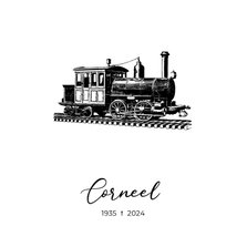 Klassieke rouwkaart met illustratie van een locomotief