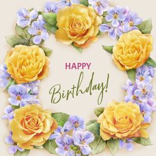 Kleurige verjaardagskaart met krans van gele rozen