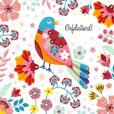 Kleurrijke botanische verjaardagskaart vogel
