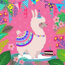 Kleurrijke en vrolijke alpaca verjaardagskaart