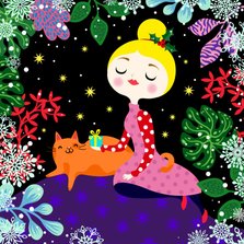 Kleurrijke kerstkaart met vrolijke dame en kat