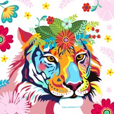 Kleurrijke tijger met bloementooi verjaardagskaart.