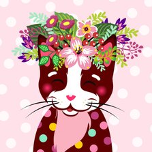 Kleurrijke verjaardagskaart kat bloemenkroon