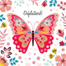 Kleurrijke verjaardagskaart met vlinder en bloemen