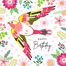 Kleurrijke verjaardagskaart met vogel en bloemen