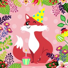 Kleurrijke verjaardagskaart vosje en bloemen
