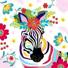 Kleurrijke zebra met bloementooi verjaardagskaart
