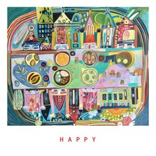 Kunstkaart met vrolijke kleuren en blije mensen