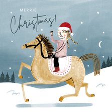 Leuke kerstkaart merrie christmas paard en meisje in sneeuw