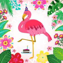 Leuke verjaardagskaart met flamingo, bloemen en planten