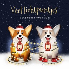 Lichtpuntjes kerstkaart met 2 corgi hondjes en kerstlampjes