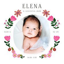 Lief geboortekaartje foto met bloemen rand