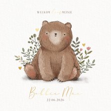 Lief geboortekaartje met beer plantjes en hartjes