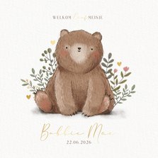 Lief geboortekaartje met beer plantjes en hartjes
