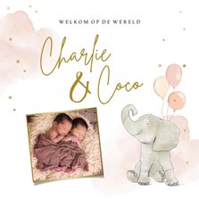Lief geboortekaartje met olifantje ballonnen en foto