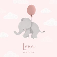 Lief geboortekaartje voor meisje olifantje aan ballon