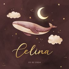 Lief geboortekaartje walvis met goudfolie sterren en maan