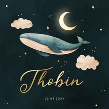Lief geboortekaartje walvis met maan en goudfolie sterren