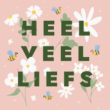 Lief kaartje oranje met bloemetjes en bijtjes veel liefs