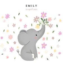 Lief olifantje en bloemetjes, geboortekaartje voor meisje