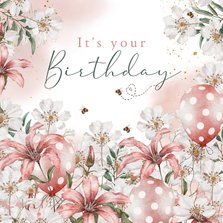 Lief verjaardagkaartje met bloemen, bijtjes en ballonnen