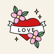 Liefdekaart love in tattoo style met hart en bloemen