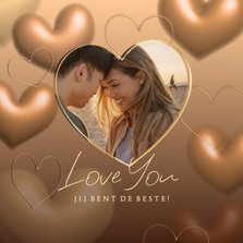 Liefdekaart met eigen foto stijlvol goud glans 3d hartjes