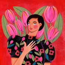 Liefdekaart vrouw met tulpen hart 