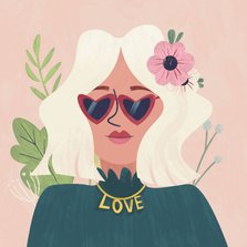 Liefdeskaart met meisje met hartjes zonnebril