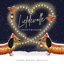 Liefdevolle kerstkaart met teckels en hart van lampjes