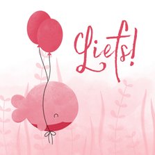 Liefs kaartje roze walvis met ballonnen en waterverf