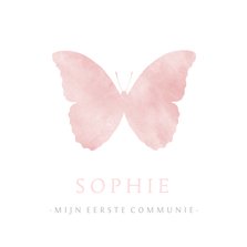 Lieve communiekaart met een roze silhouet van een vlinder