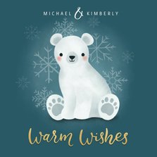 Lieve kerstkaart met ijsbeertje, warm wishes & sneeuwvlokken