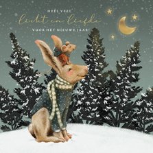 Lieve kerstkaart met illustratie haas en muis onder de maan