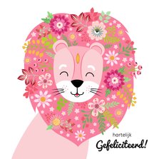 Lieve leeuw verjaardagskaart met bloemen