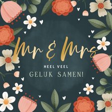 Moderne felicitatiekaart huwelijk bloemenkader en hartjes