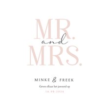 Moderne trouwkaart minimalistisch grafisch mr and mrs roze