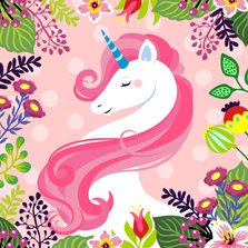 Mooie verjaardagskaart met unicorn en bloemen