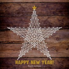 Nieuwjaar stoere moderne kaart houtprint en ster van touw