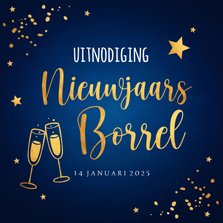 Nieuwjaarsborrel blauw uitnodiging confetti goudlook 