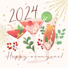 Nieuwjaarskaart cocktails en vuurwerk cheers 2024